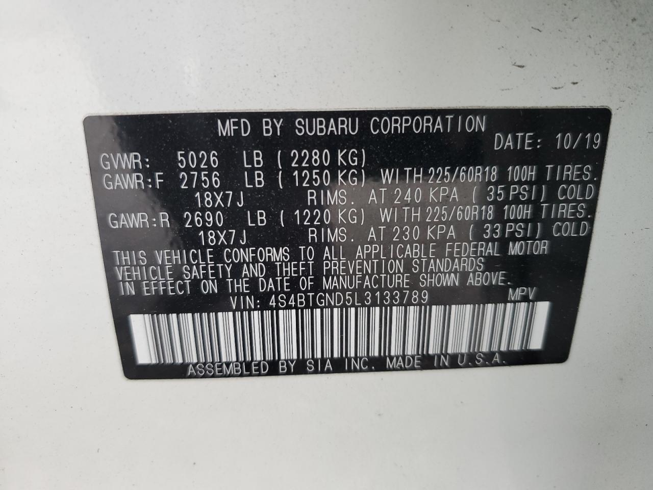 VIN 4S4BTGND5L3133789 2020 SUBARU OUTBACK no.13