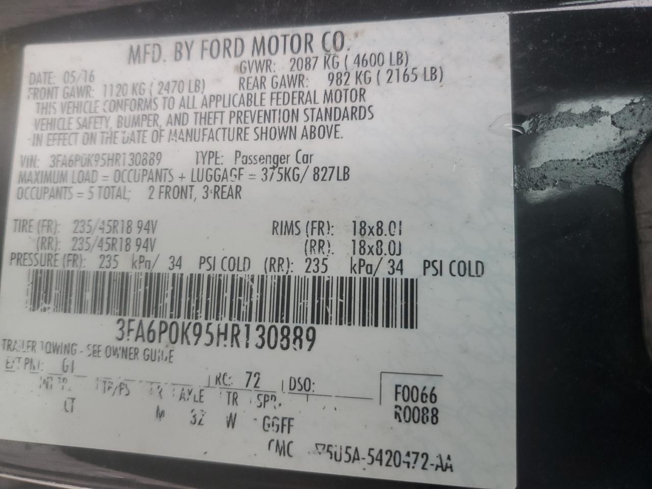 3FA6P0K95HR130889 FORD FUSION 2017