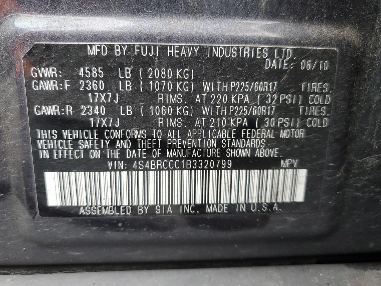 2011 Subaru Outback 2.5I Premium VIN: 4S4BRCCC1B3320799 Lot: 84885284