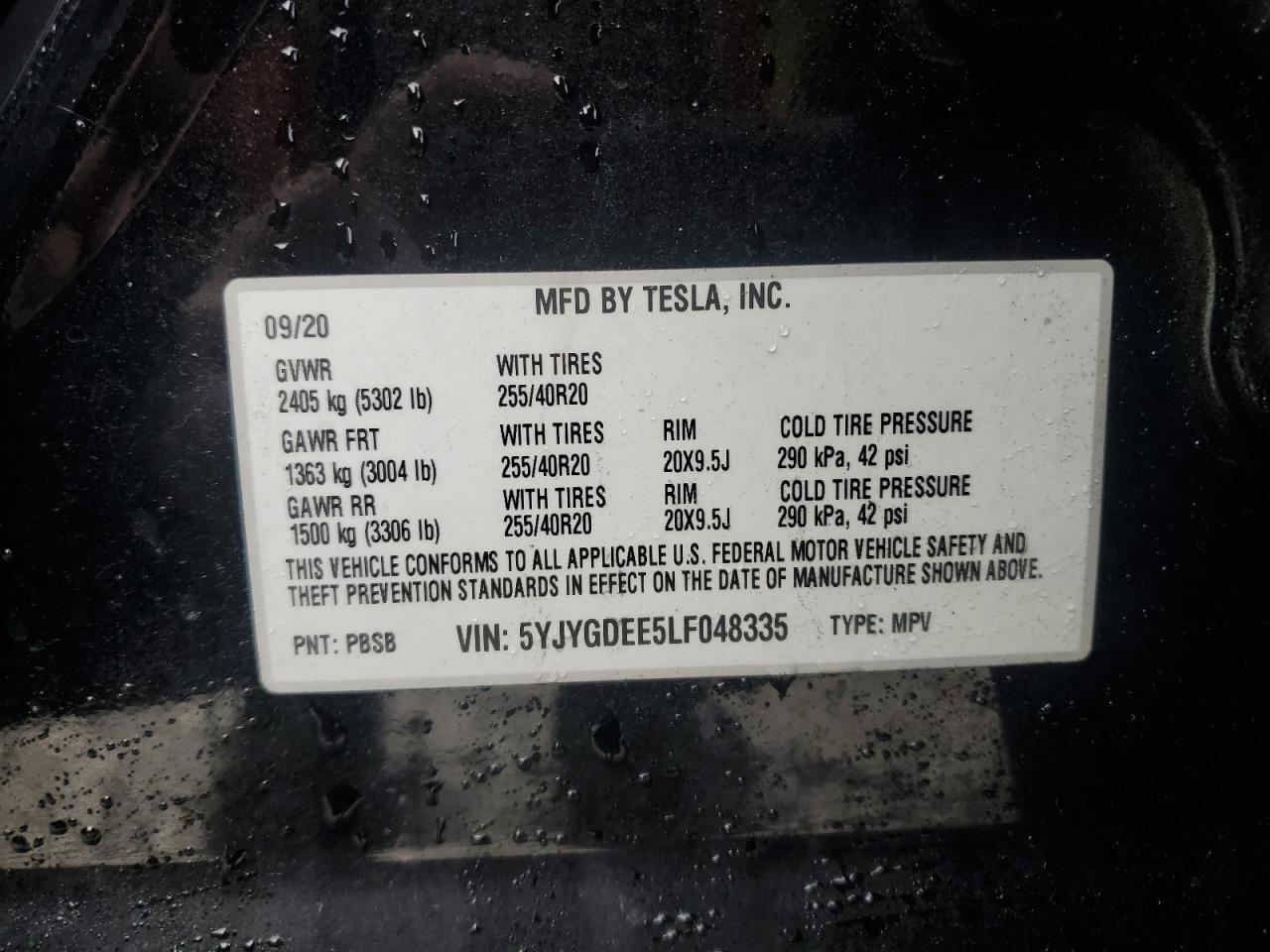 2020 Tesla Model Y VIN: 5YJYGDEE5LF048335 Lot: 85294764