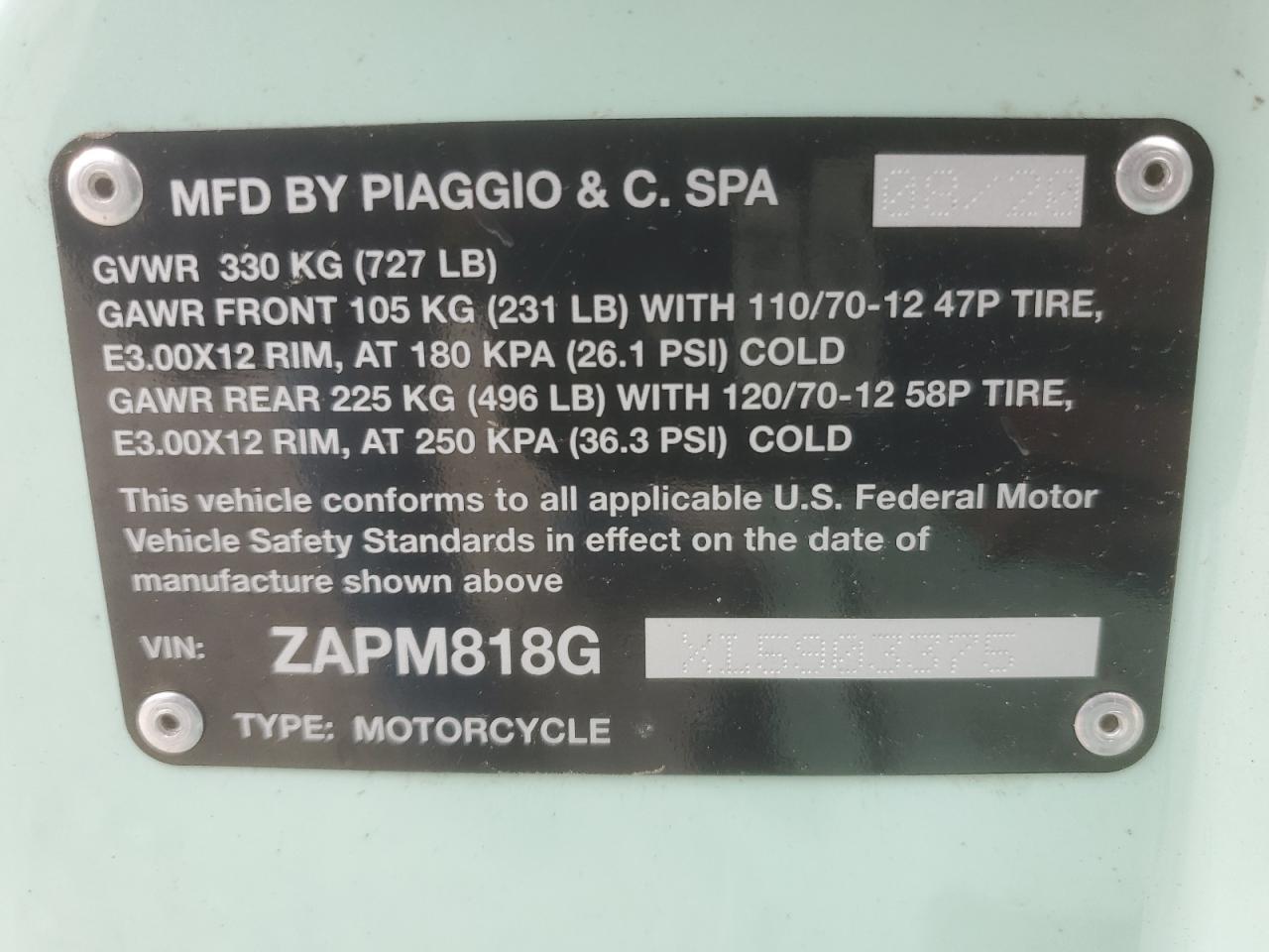 2020 Vespa Primavera VIN: ZAPM818GXL5903375 Lot: 84643454