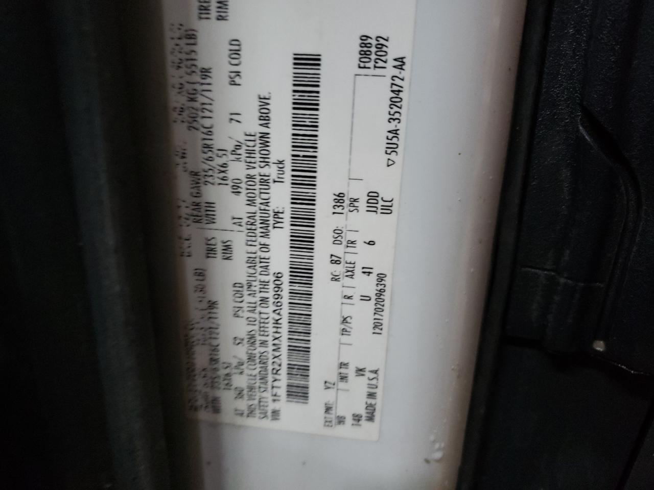 1FTYR2XMXHKA69906 FORD TRANSIT 2017