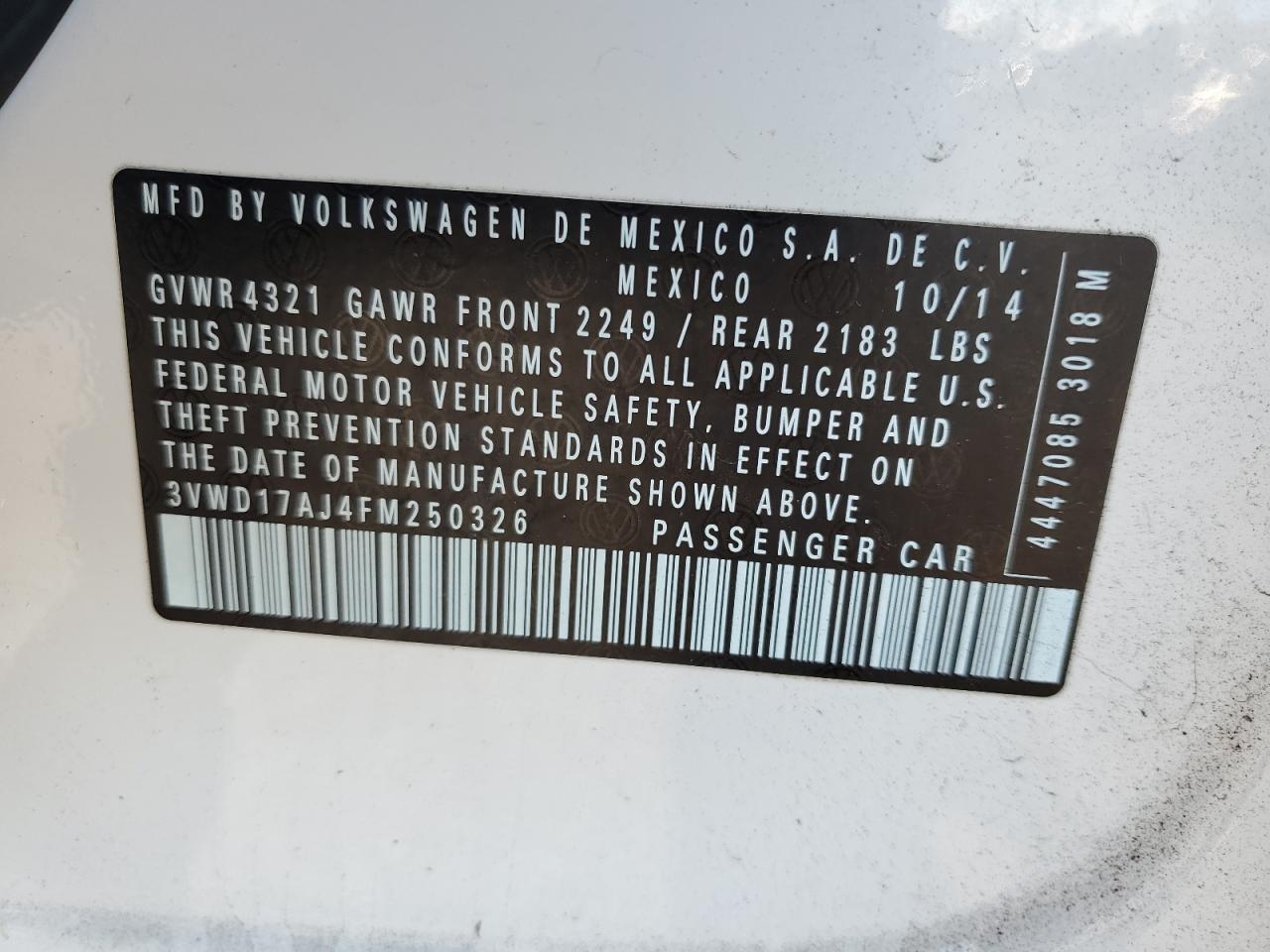 2015 Volkswagen Jetta Se VIN: 3VWD17AJ4FM250326 Lot: 83488764