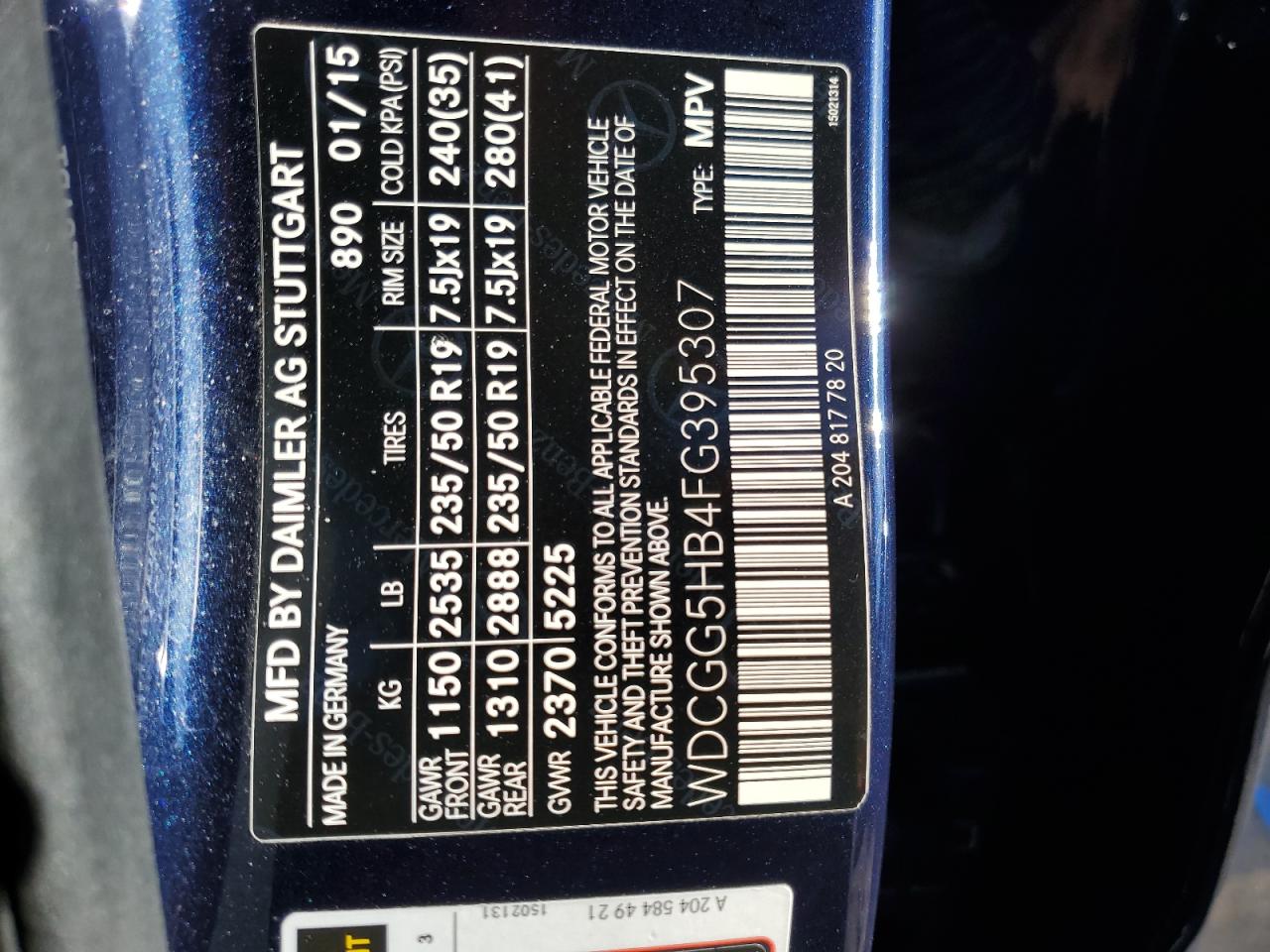 2015 Mercedes-Benz Glk 350 VIN: WDCGG5HB4FG395307 Lot: 81599344