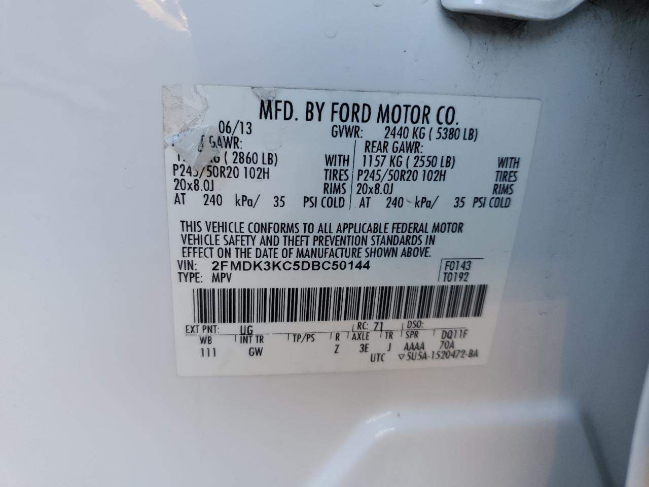 2013 Ford Edge Limited VIN: 2FMDK3KC5DBC50144 Lot: 83099944