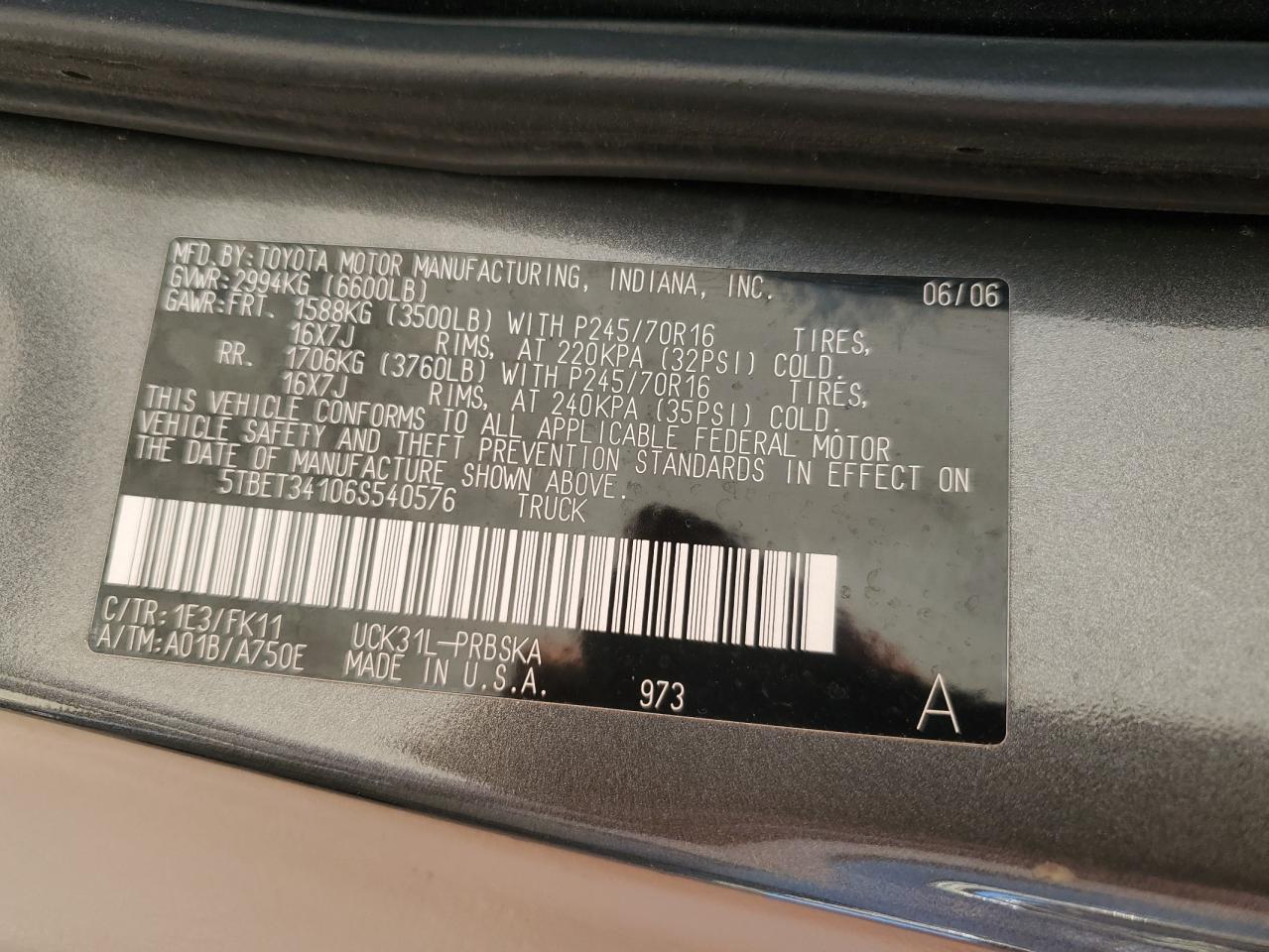 2006 Toyota Tundra Double Cab Sr5 VIN: 5TBET34106S540576 Lot: 84949604