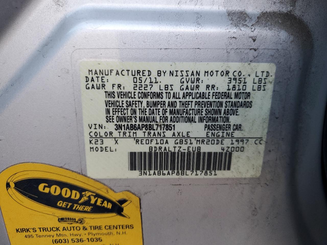 2011 Nissan Sentra 2.0 VIN: 3N1AB6AP8BL717851 Lot: 85944014