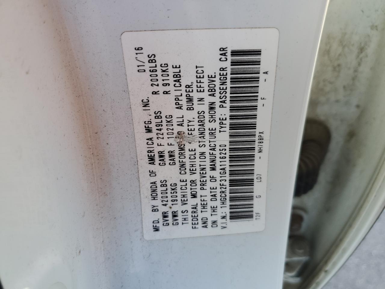 VIN 1HGCR2F31GA116250 2016 HONDA ACCORD no.13