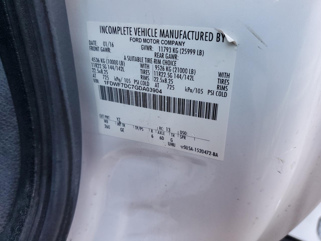 1FDWF7DC7GDA03904 FORD F750 2016