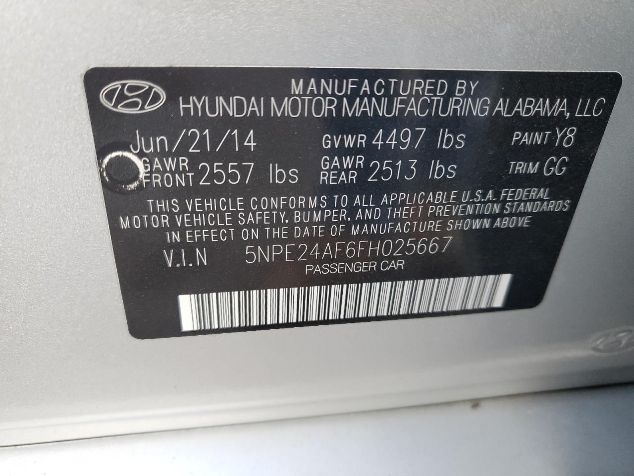 VIN 5NPE24AF6FH025667 2015 HYUNDAI SONATA no.12