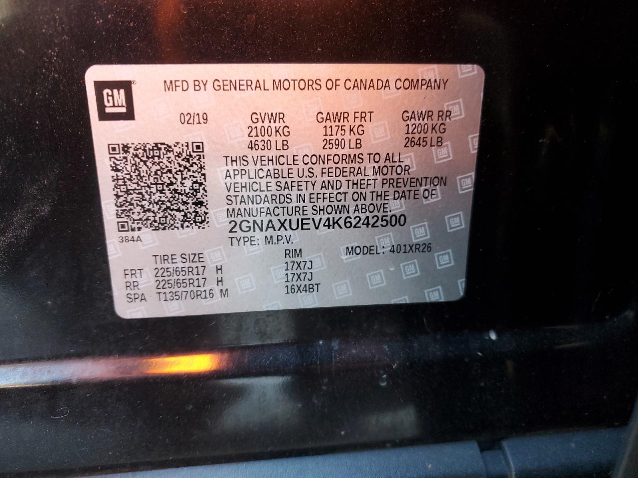 2GNAXUEV4K6242500 CHEVROLET EQUINOX 2019