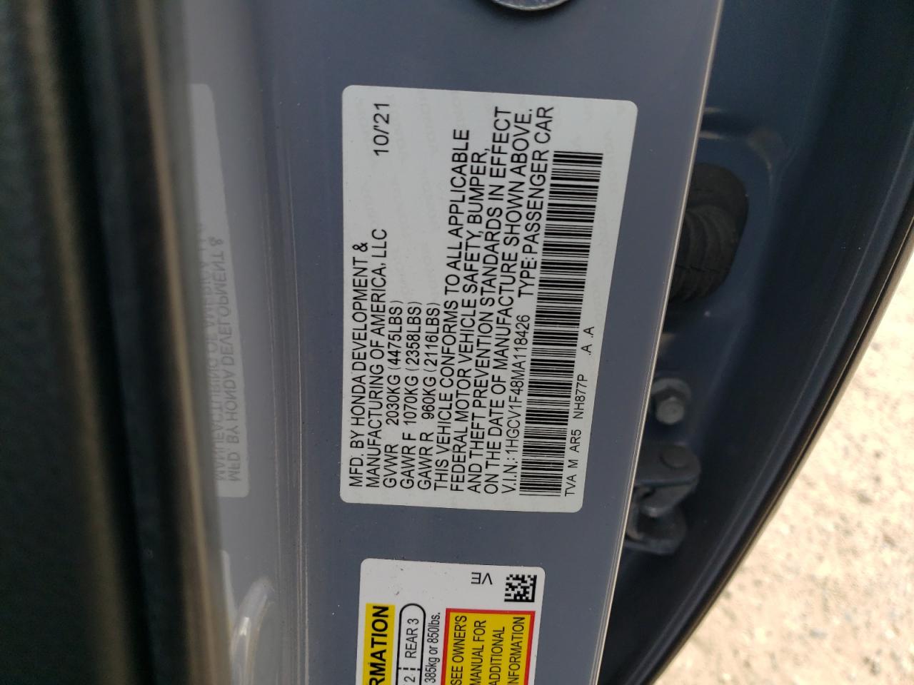 VIN 1HGCV1F48MA118426 2021 HONDA ACCORD no.13