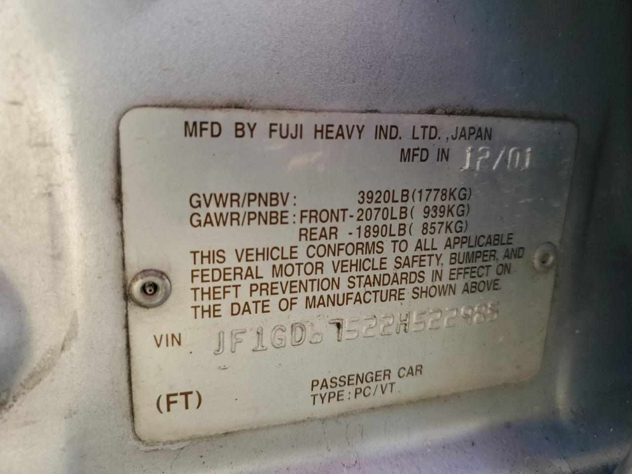 2002 Subaru Impreza Rs VIN: JF1GD67522H522985 Lot: 87299194