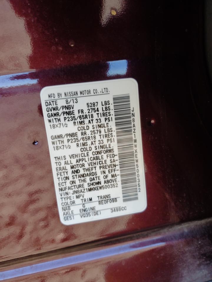 2014 Nissan Murano S VIN: JN8AZ1MWXEW500352 Lot: 83065744