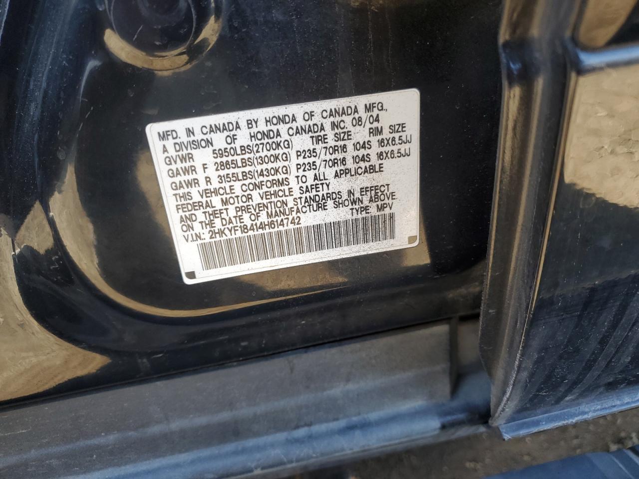 2004 Honda Pilot Ex VIN: 2HKYF18414H614742 Lot: 83694524