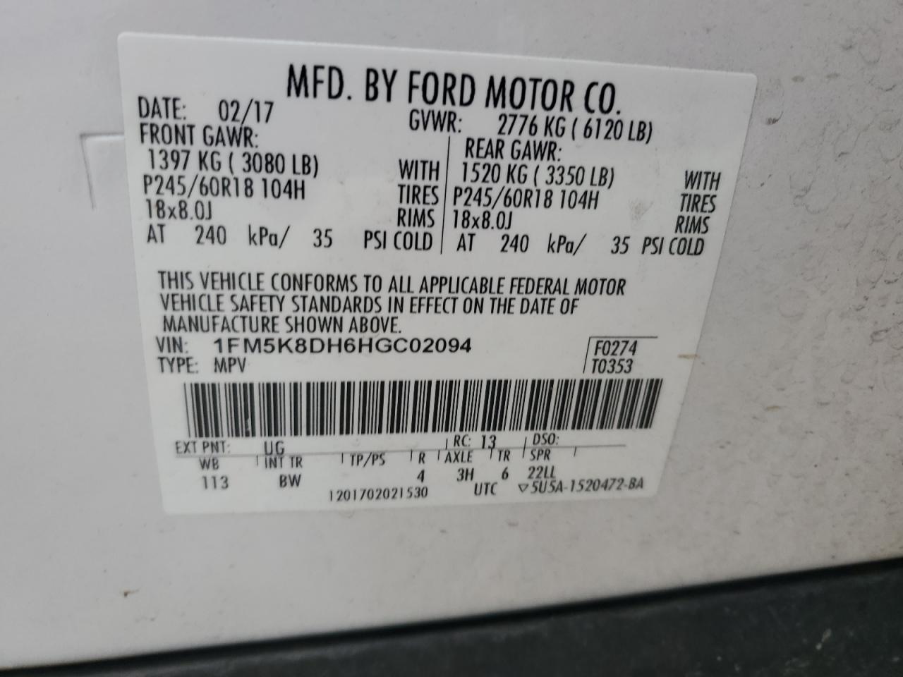 VIN 1FM5K8DH6HGC02094 2017 FORD EXPLORER no.14