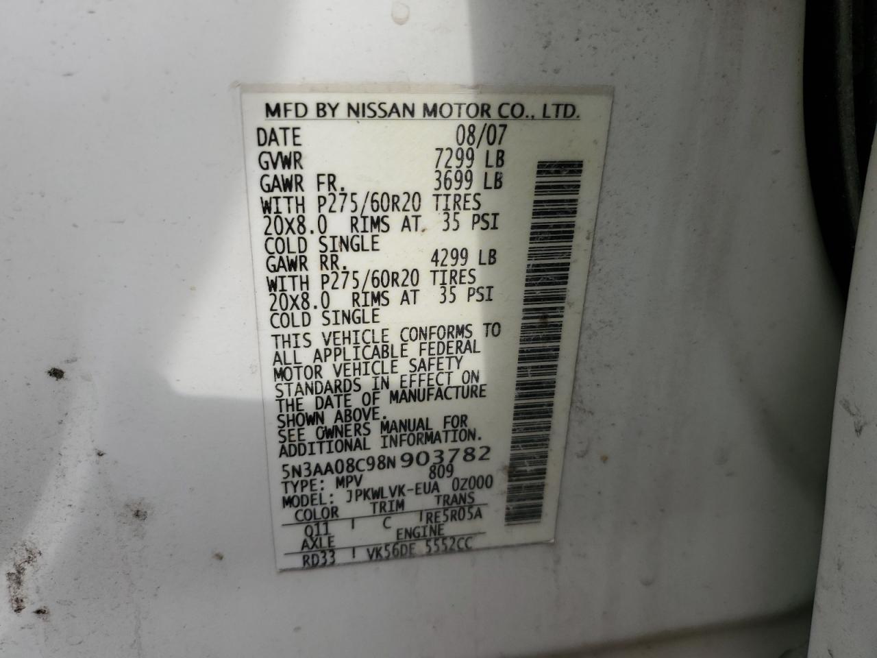 2008 Infiniti Qx56 VIN: 5N3AA08C98N903782 Lot: 84604014