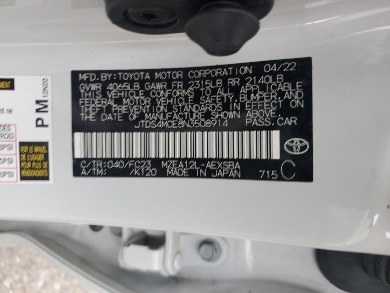JTDS4MCE8N3508914 TOYOTA COROLLA 2022