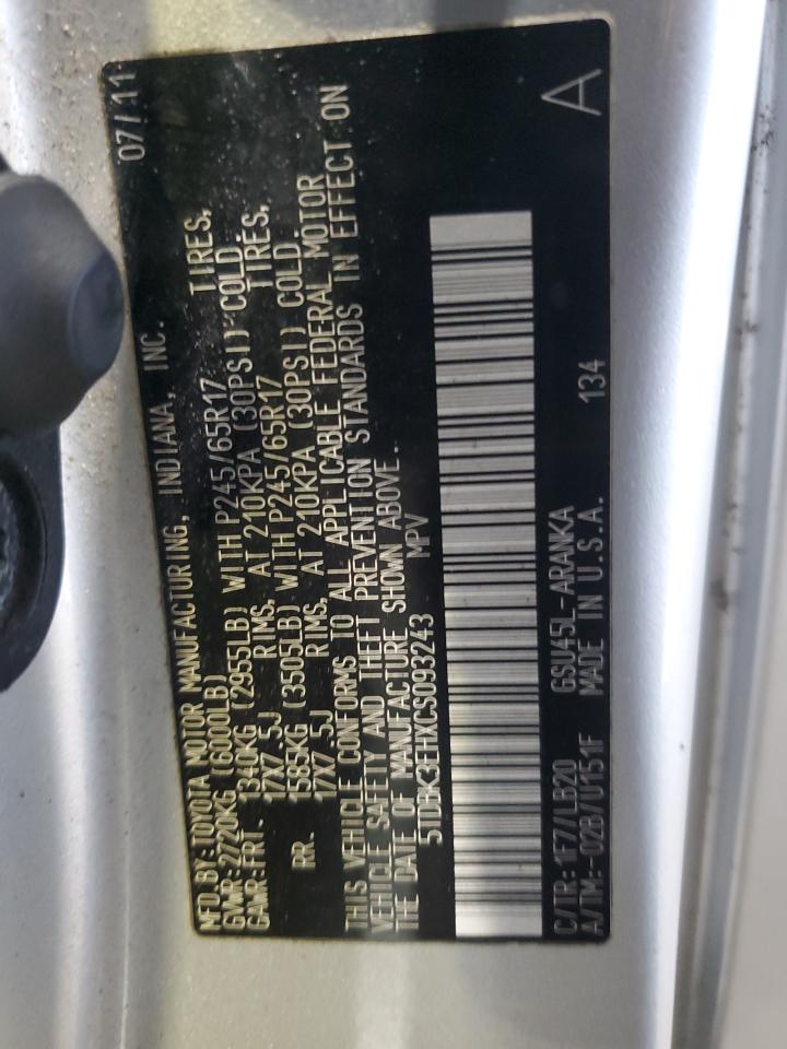 2012 Toyota Highlander Base VIN: 5TDBK3EHXCS093243 Lot: 83738674