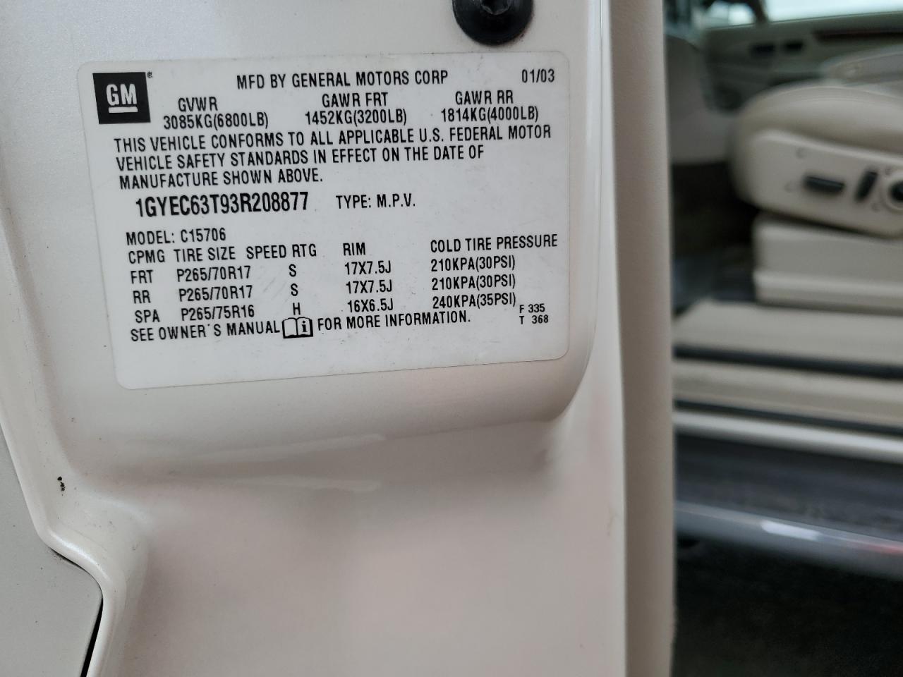 2003 Cadillac Escalade Luxury VIN: 1GYEC63T93R208177 Lot: 83894424