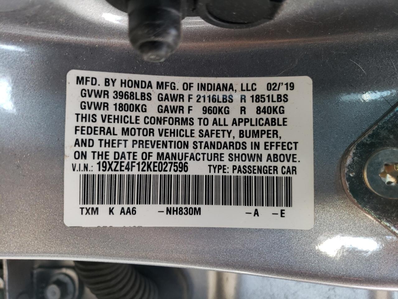 2019 Honda Insight Lx VIN: 19XZE4F12KE027596 Lot: 83075554