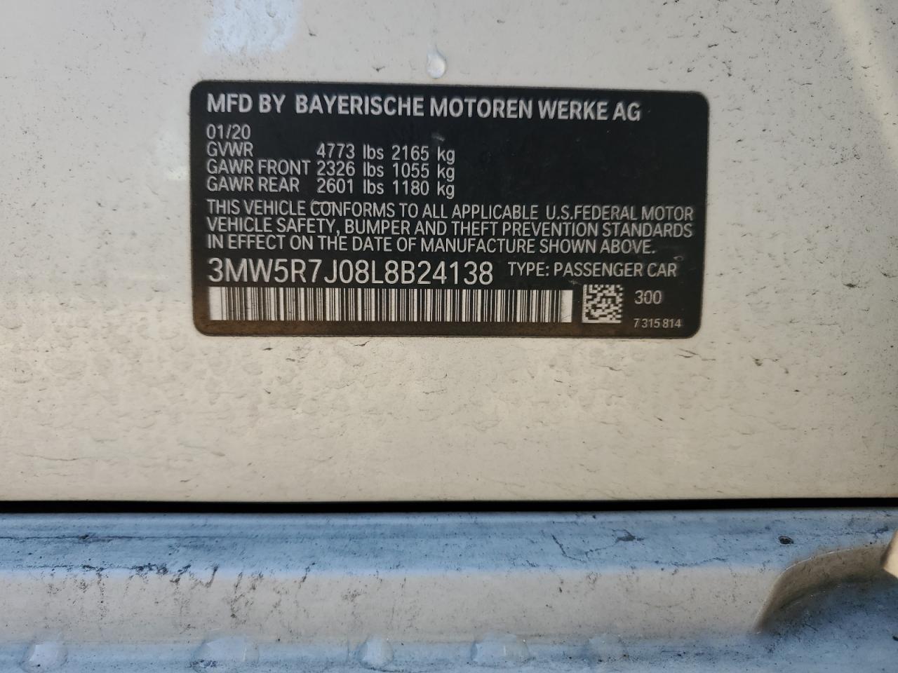 2020 BMW 330Xi VIN: 3MW5R7J08L8B24138 Lot: 86826024
