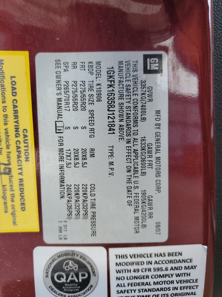 2008 GMC Yukon Xl K1500 VIN: 1GKFK16358J121841 Lot: 83853964