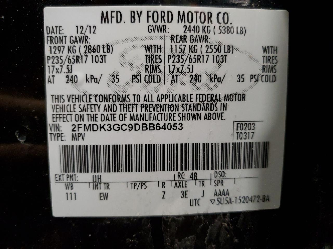 VIN 2FMDK3GC9DBB64053 2013 FORD EDGE no.13