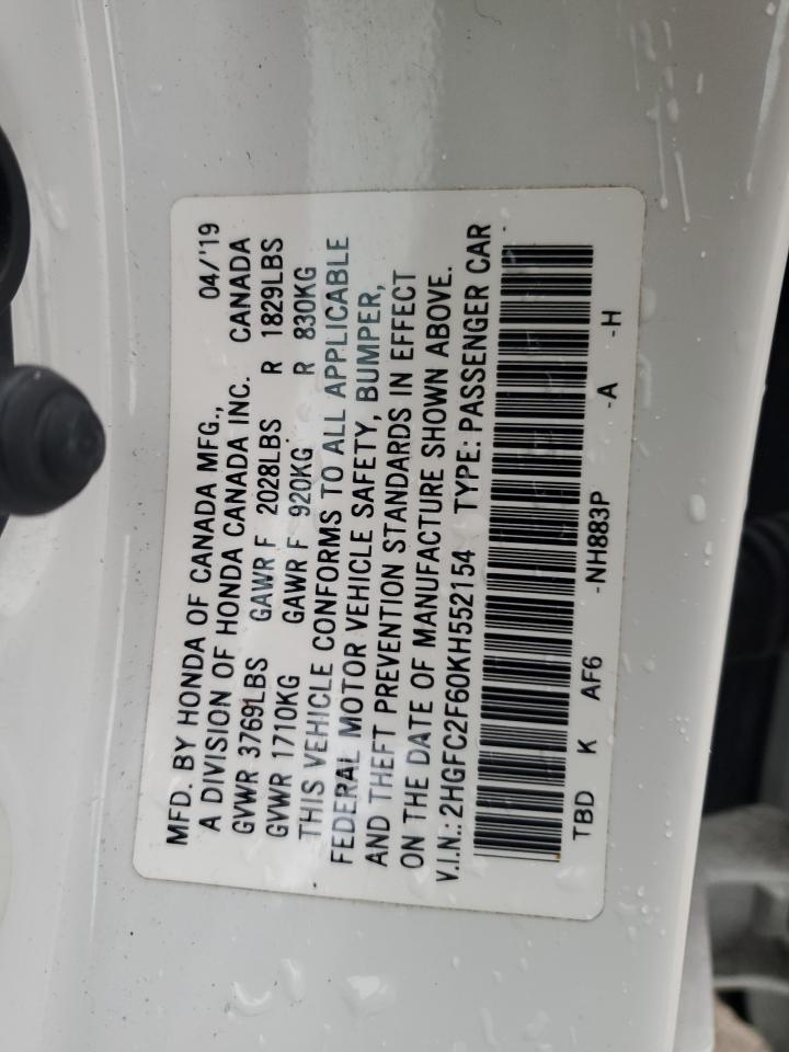 2019 Honda Civic Lx VIN: 2HGFC2F60KH552154 Lot: 82985134