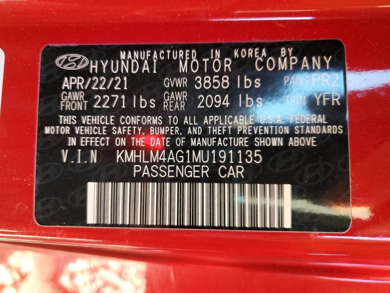 VIN KMHLM4AG1MU191135 2021 HYUNDAI ELANTRA no.12