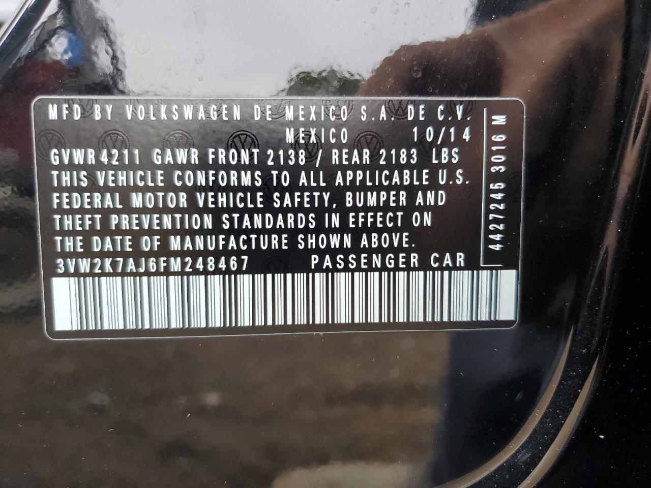 2015 Volkswagen Jetta Base VIN: 3VW2K7AJ6FM248467 Lot: 87088774