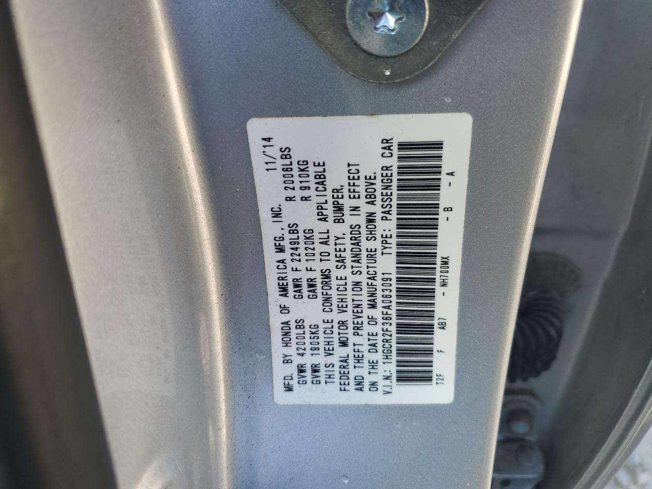 VIN 1HGCR2F36FA063091 2015 HONDA ACCORD no.13