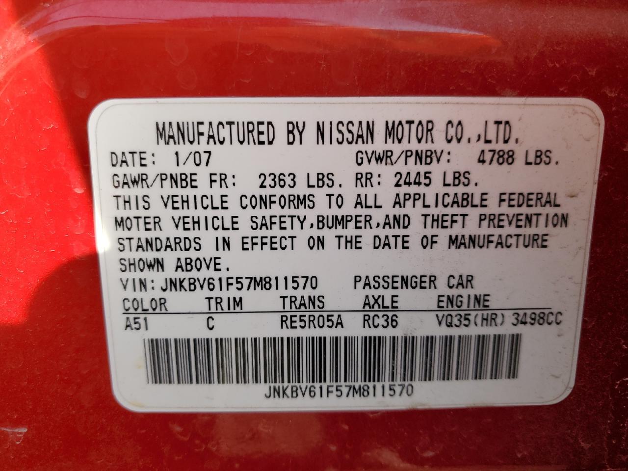 2007 Infiniti G35 VIN: JNKBV61F57M811570 Lot: 85126974