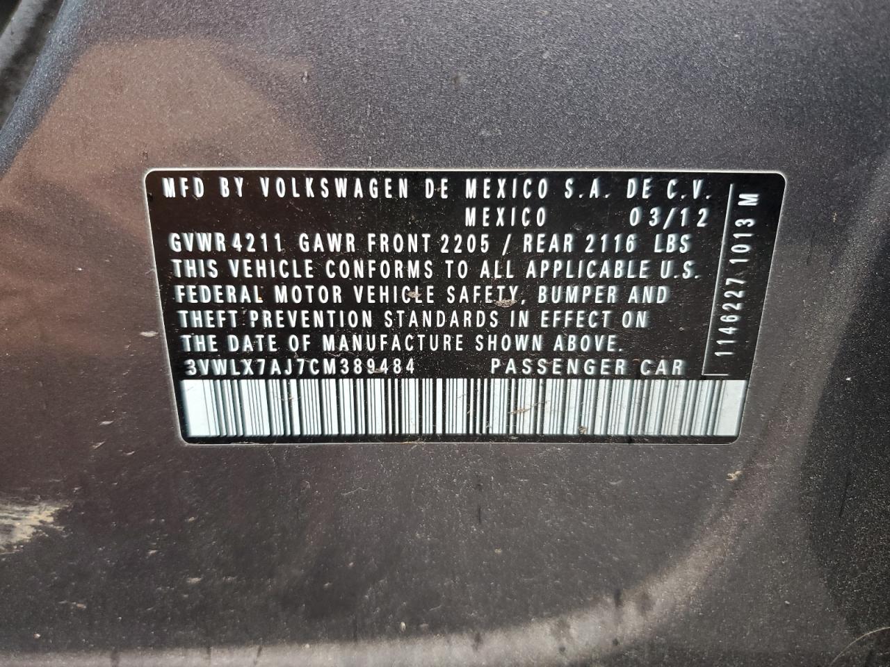 2012 Volkswagen Jetta Sel VIN: 3VWLX7AJ7CM389484 Lot: 83857594