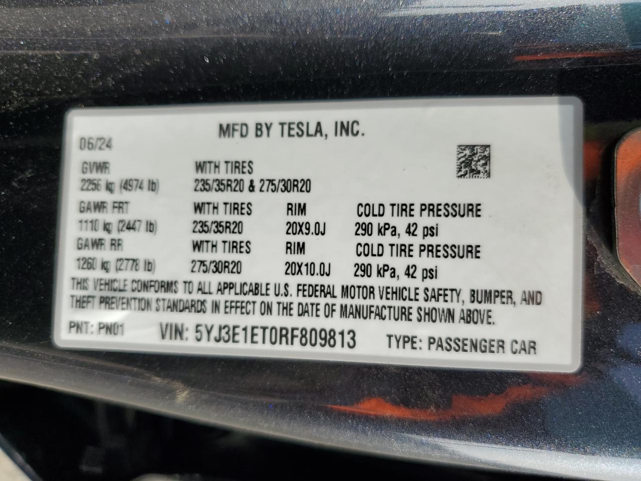 2024 Tesla Model 3 VIN: 5YJ3E1ET0RF809813 Lot: 85789054