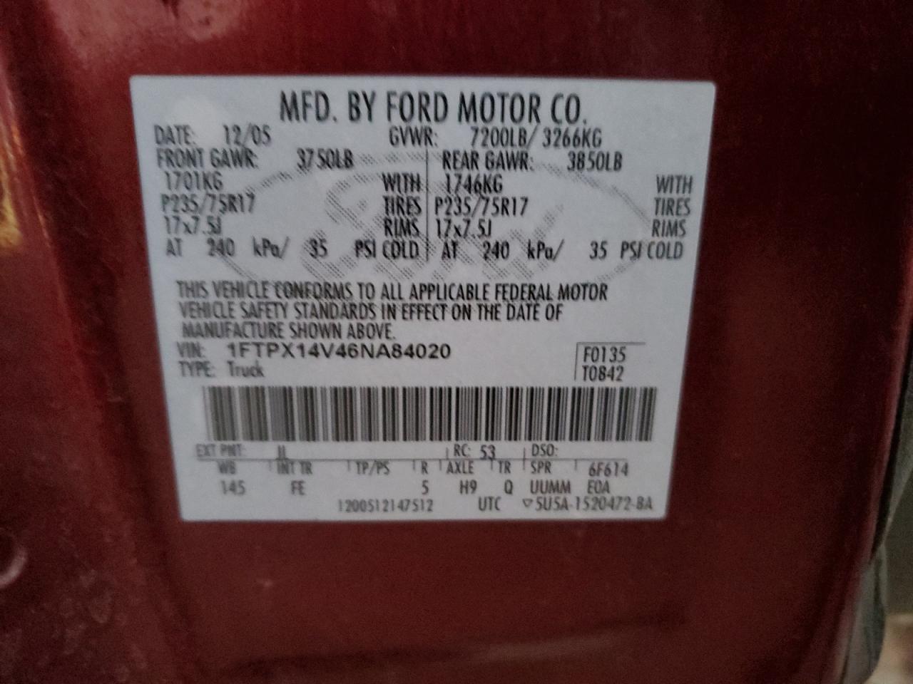 2006 Ford F150 VIN: 1FTPX14V46NA84020 Lot: 86404674