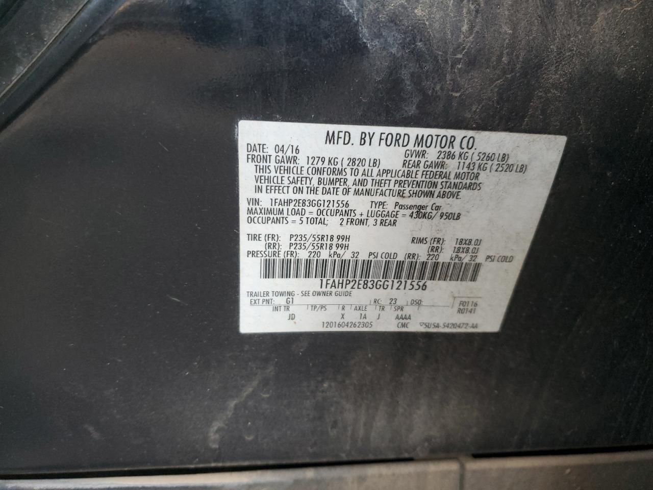 1FAHP2E83GG121556 FORD TAURUS 2016
