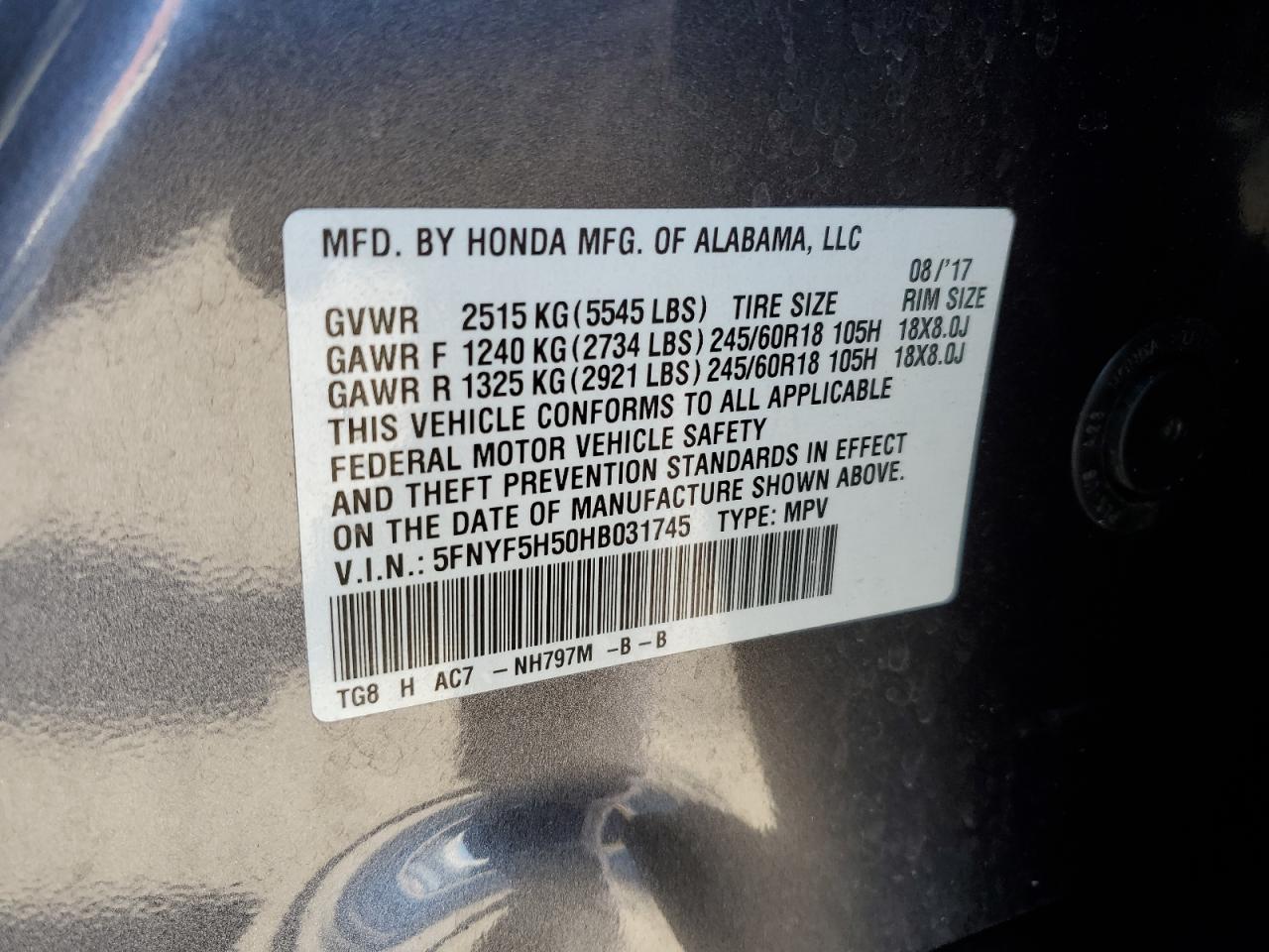 5FNYF5H50HB031745 2017 HONDA PILOT - Image 15