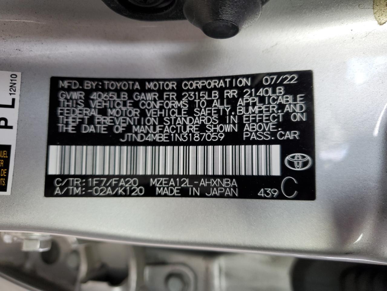 JTND4MBE1N3187059 TOYOTA COROLLA 2022