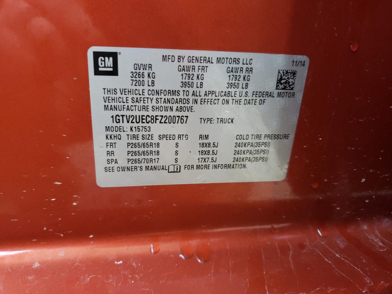 2015 GMC Sierra K1500 Sle VIN: 1GTV2UEC8FZ200767 Lot: 86085824