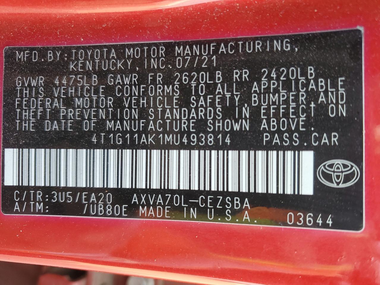 VIN 4T1G11AK1MU493814 2021 TOYOTA CAMRY no.12