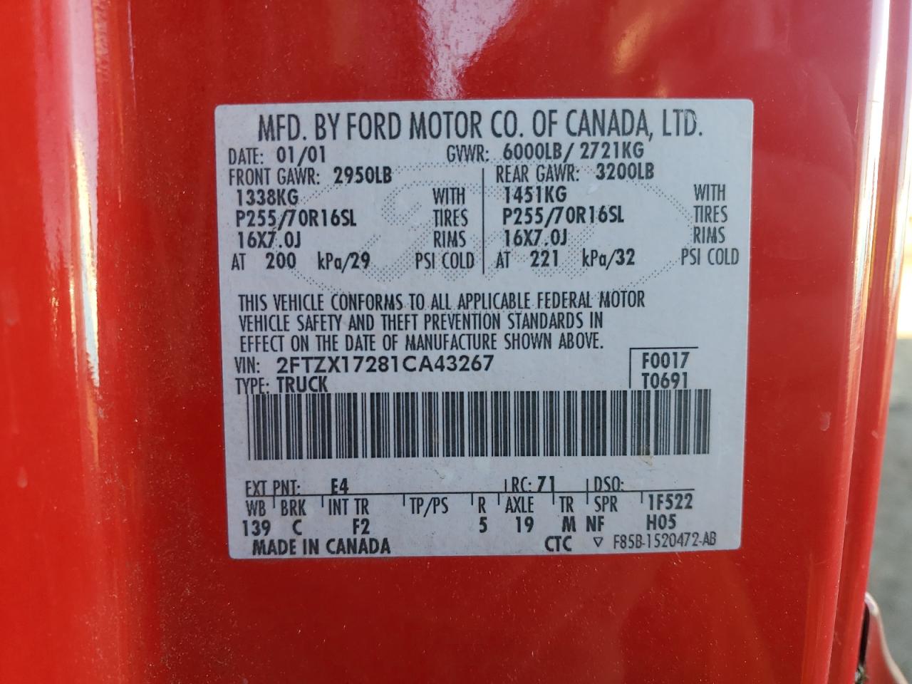 2001 Ford F150 VIN: 2FTZX17281CA43267 Lot: 85808284