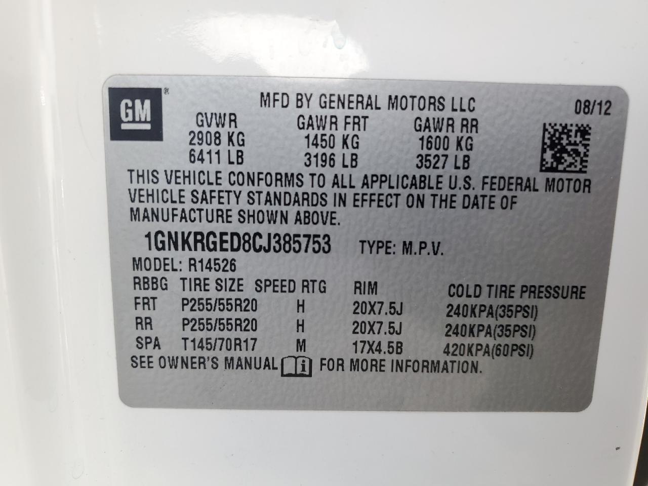 2012 Chevrolet Traverse Lt VIN: 1GNKRGED8CJ385753 Lot: 83018364