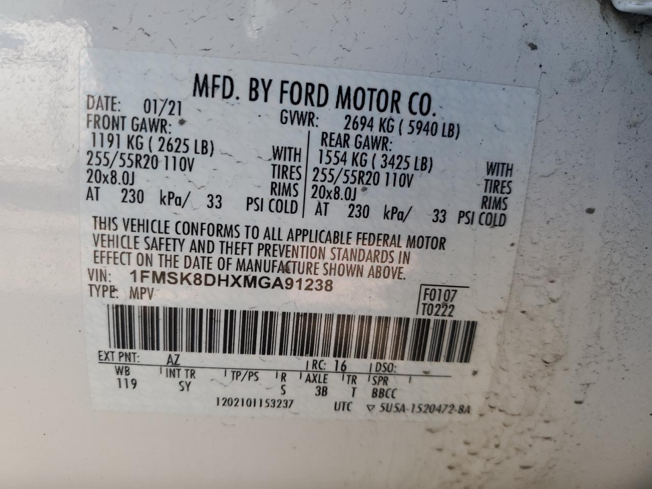 VIN 1FMSK8DHXMGA91238 2021 FORD EXPLORER no.13