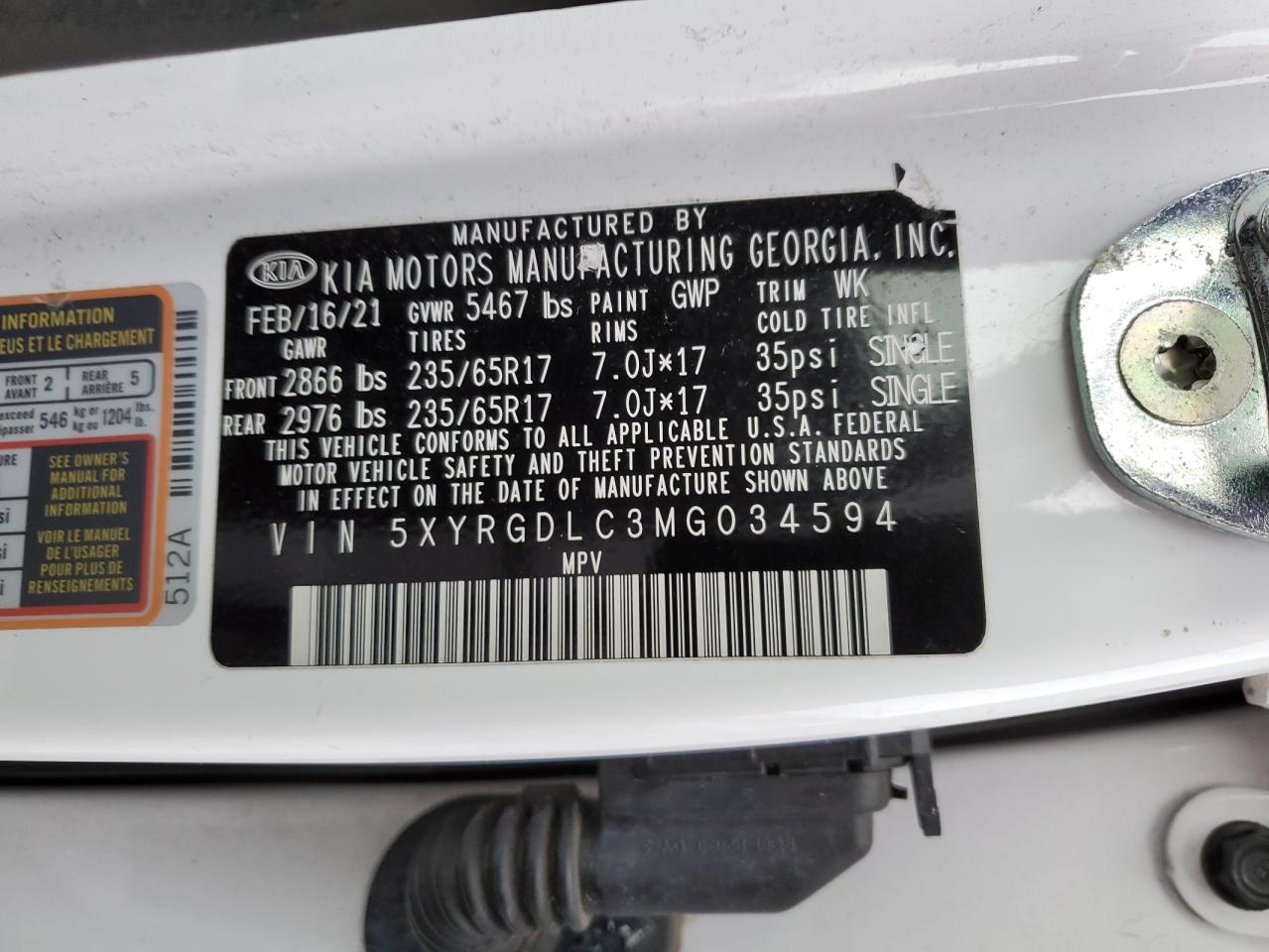 VIN 5XYRGDLC3MG034594 2021 KIA SORENTO no.13