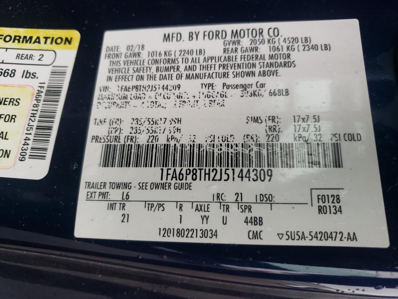 1FA6P8TH2J5144309 FORD ALL Models 2018