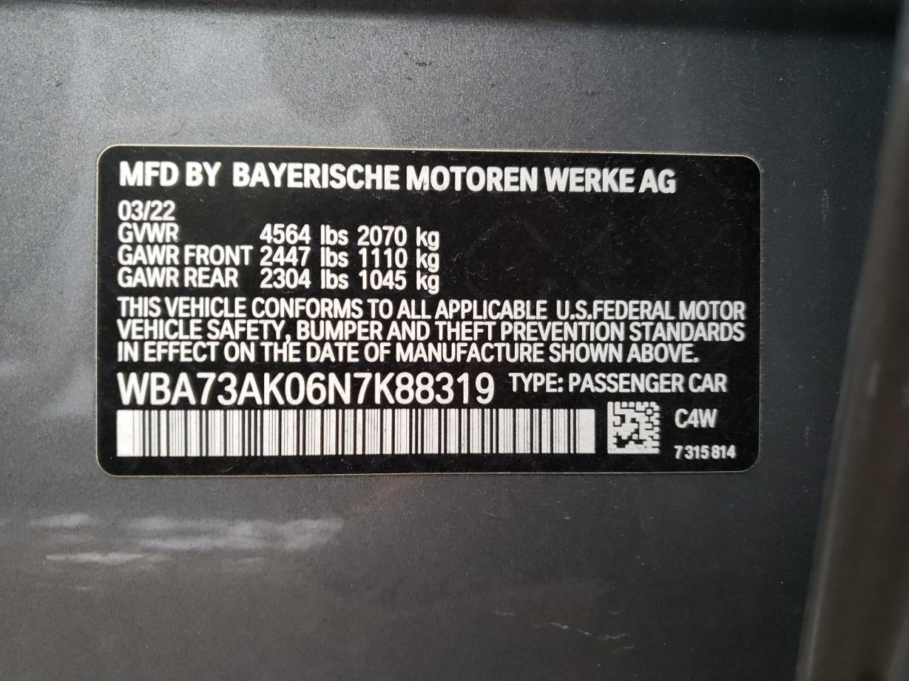 VIN WBA73AK06N7K88319 2022 BMW 2 SERIES no.12