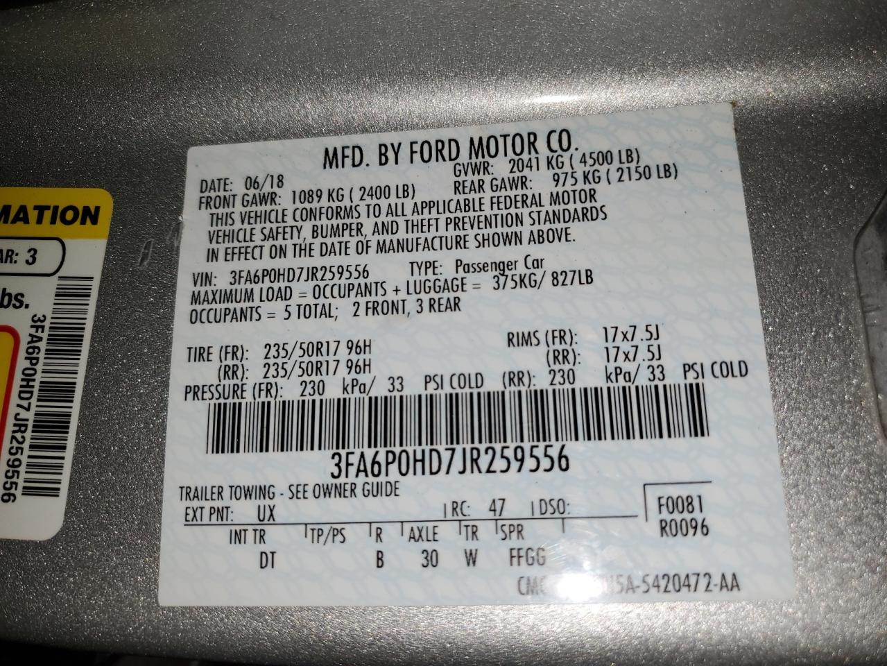 VIN 3FA6P0HD7JR259556 2018 FORD FUSION no.12