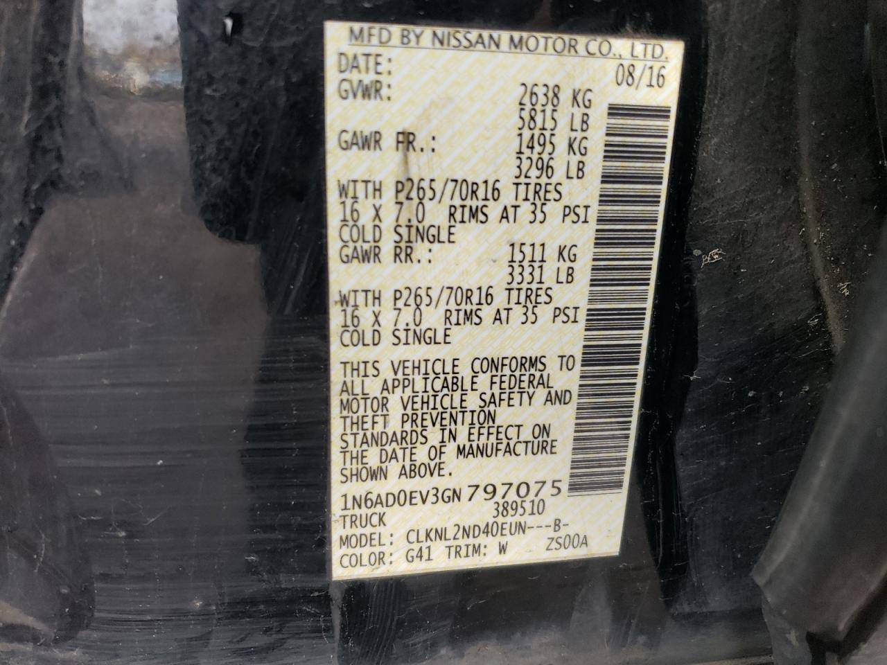 1N6AD0EV3GN797075 NISSAN FRONTIER 2016