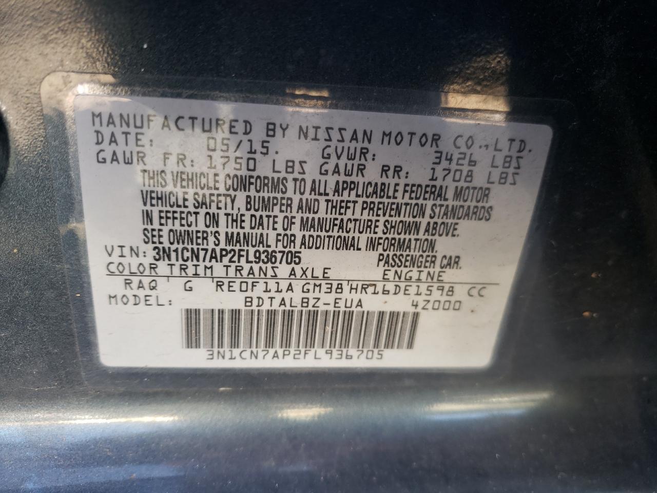 VIN 3N1CN7AP2FL936705 2015 NISSAN VERSA no.12